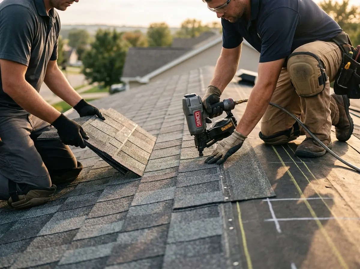 Professional roofer working on a residential roof in Adelanto